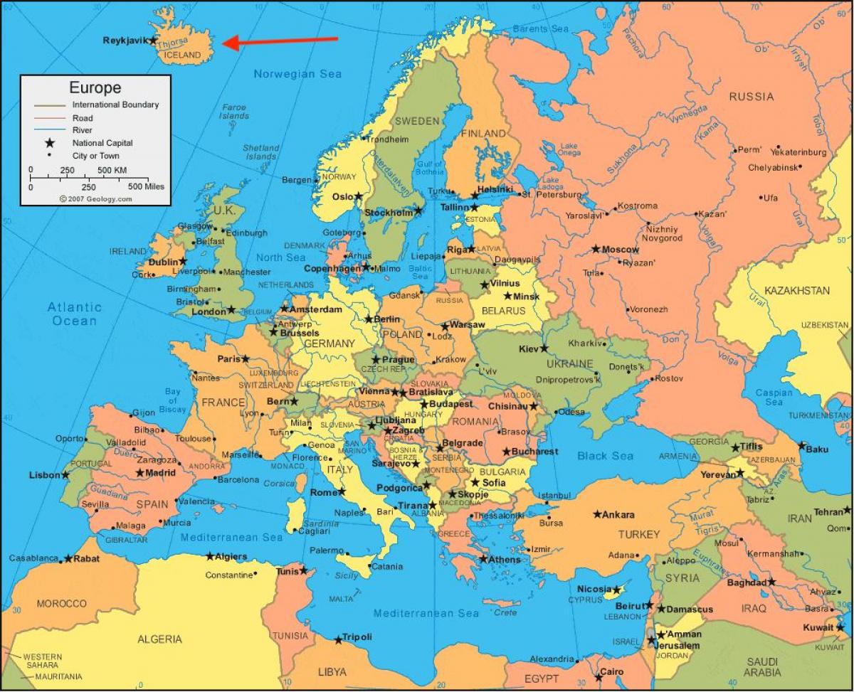 Localização da Islândia no mapa da Europa do Norte